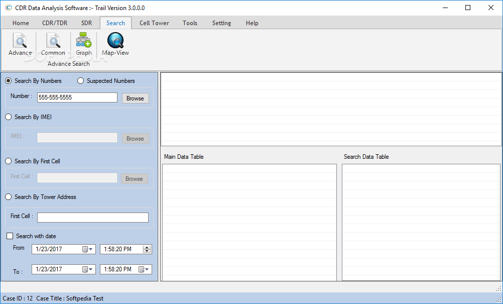 A search screen with radio buttons for number, IMEI, first cell, and tower address, and two empty data tables