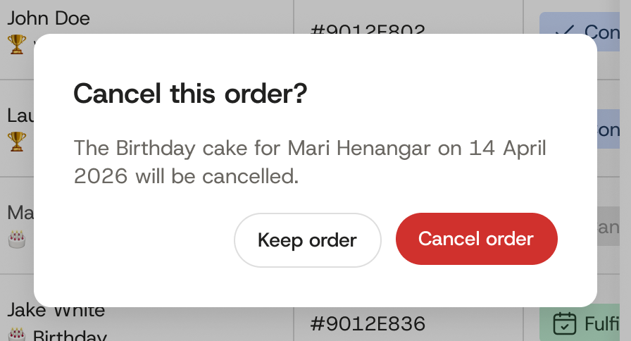 Cancel this order dialog