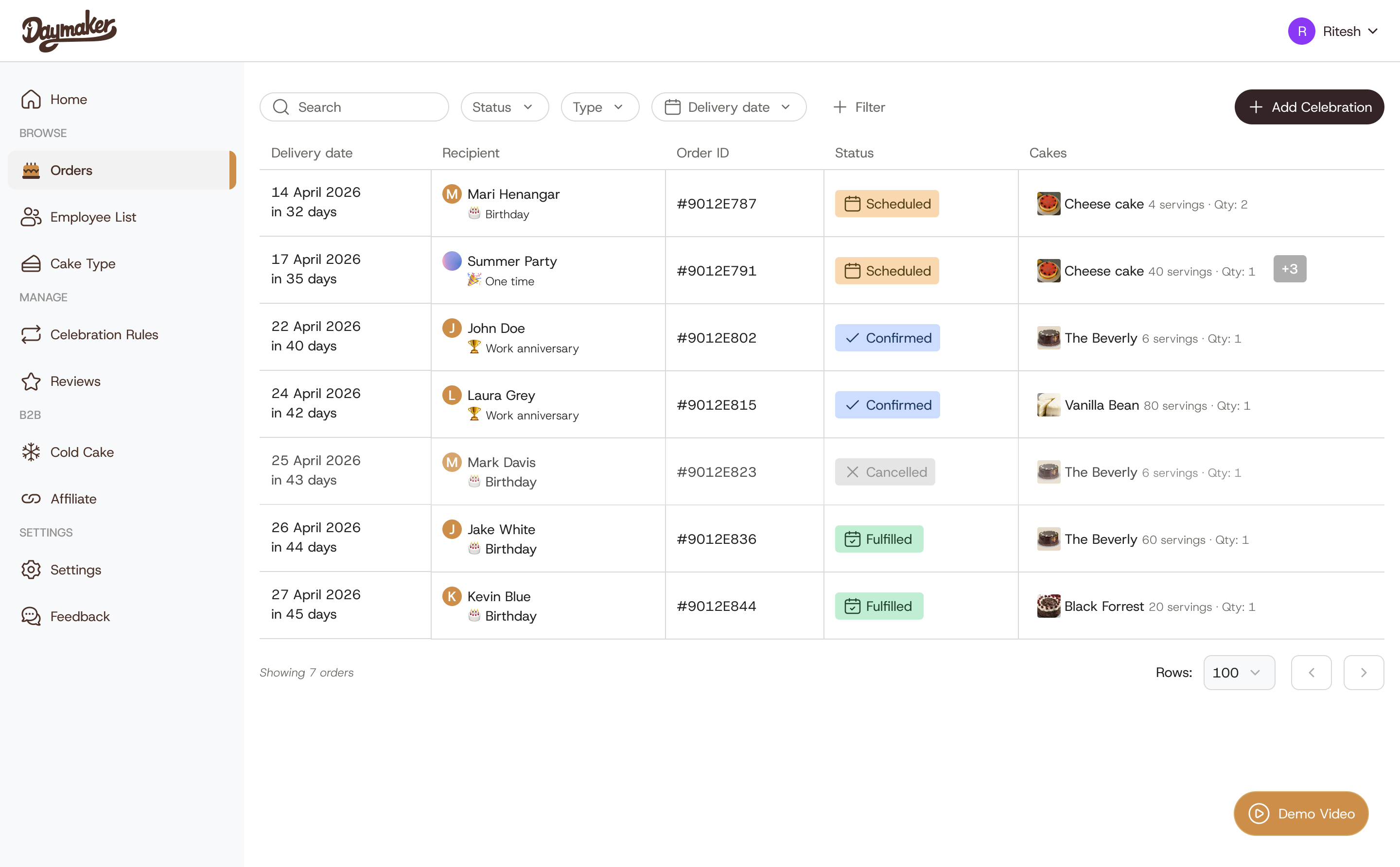 After: the redesigned orders page with colored status pills, recipients, and cake photos