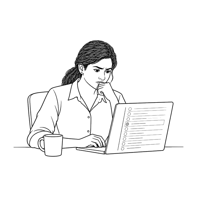 Line sketch of a founder with a coffee, scrolling a long list of orders to find one row