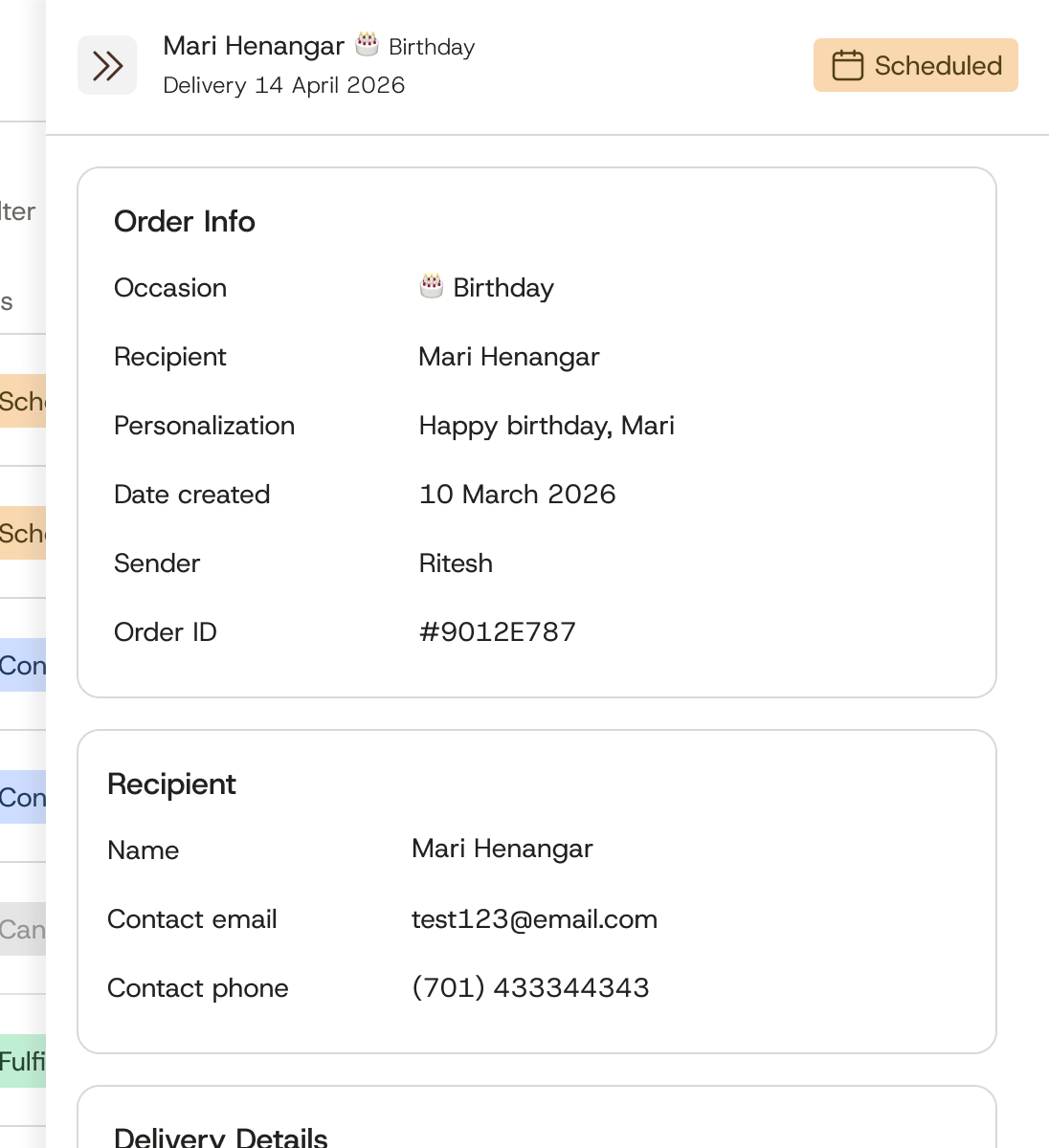 The side panel for a birthday order: Scheduled pill, order info, recipient, and delivery details