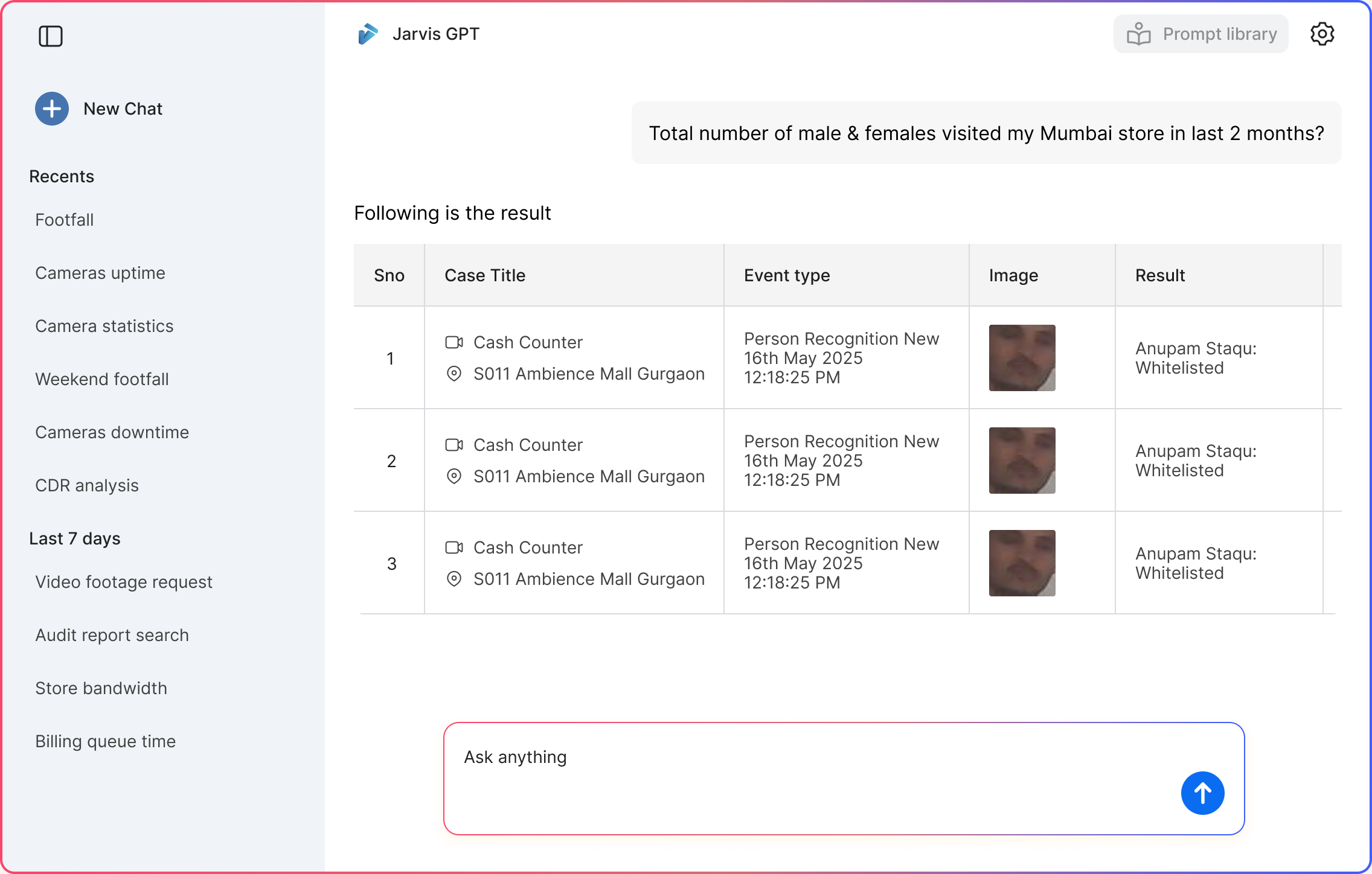 Answer shown as a table of camera events with photos