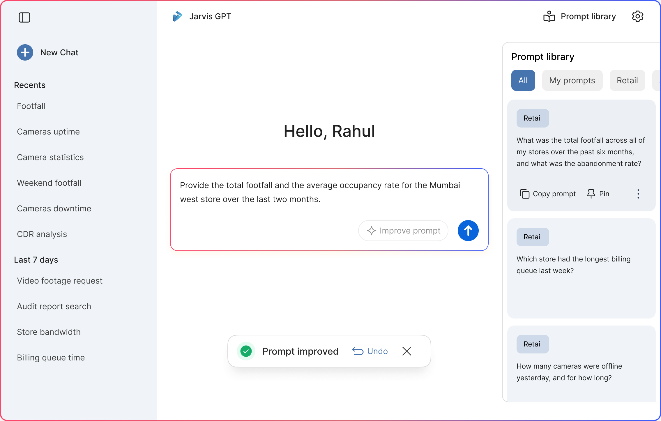 The rewritten question in the box, with a Prompt improved note and an Undo button
