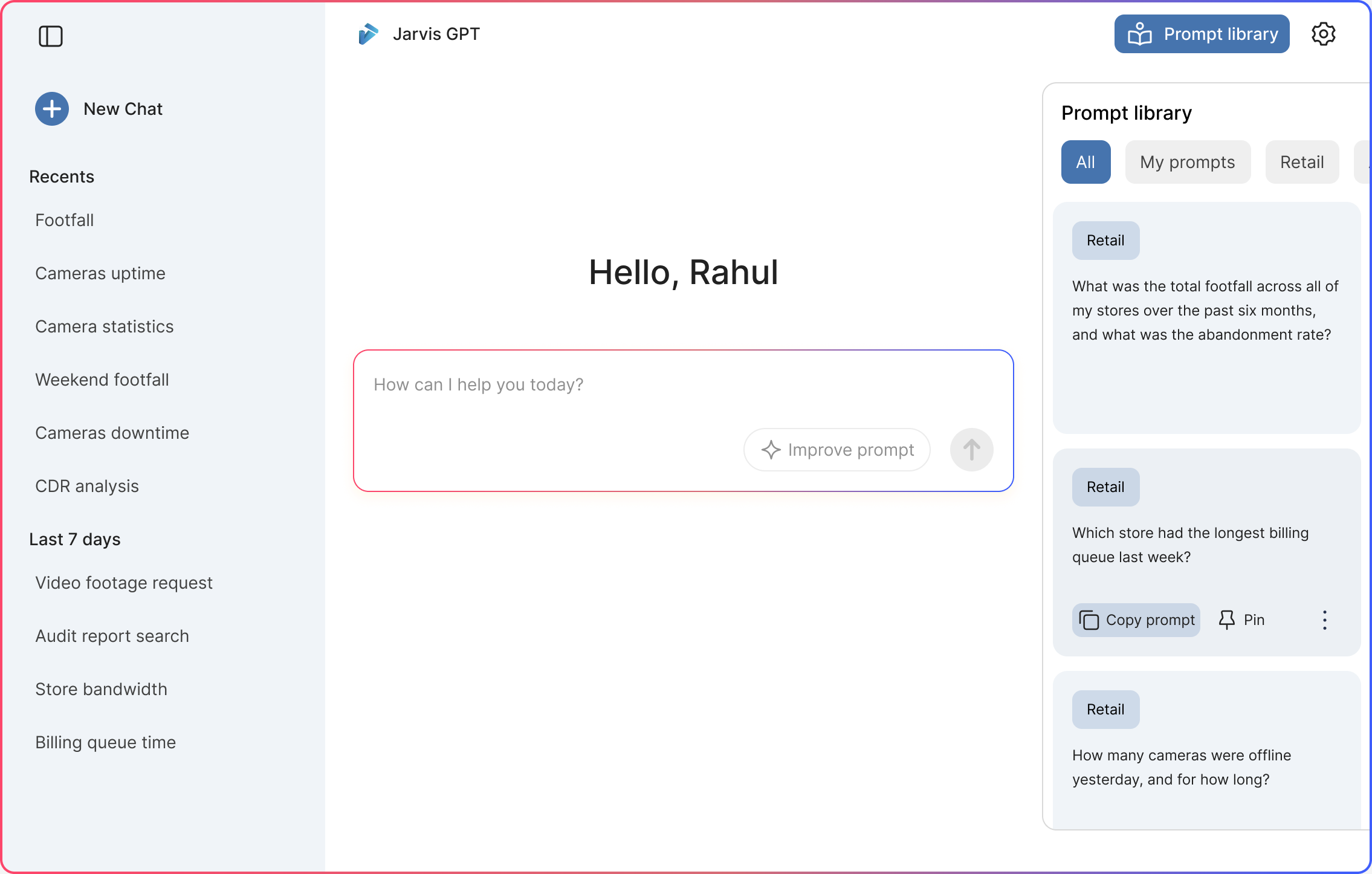 The prompt library next to the chat, with one card in its hover state showing Copy prompt