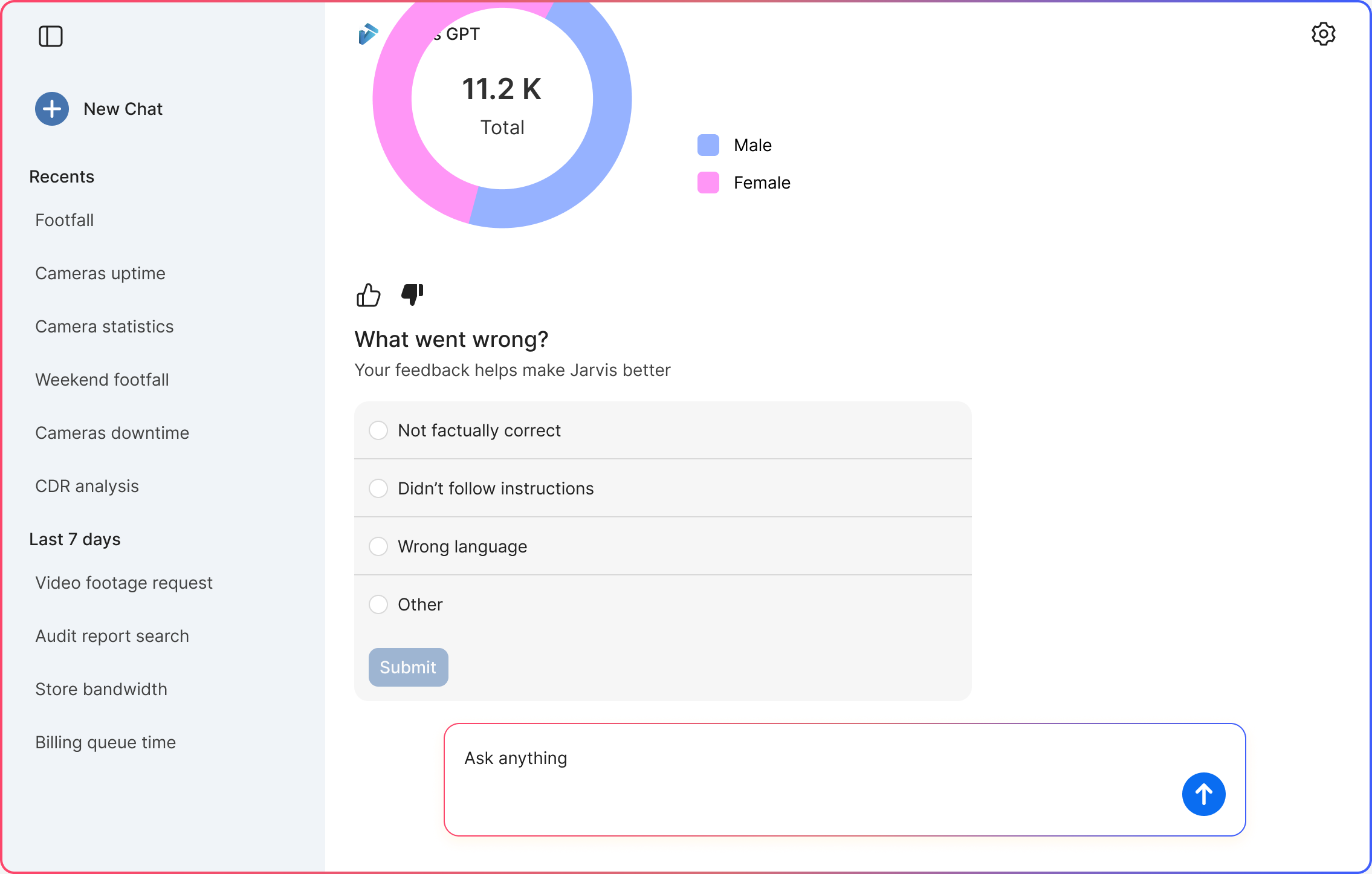 After a thumbs down, a list of reasons to pick from