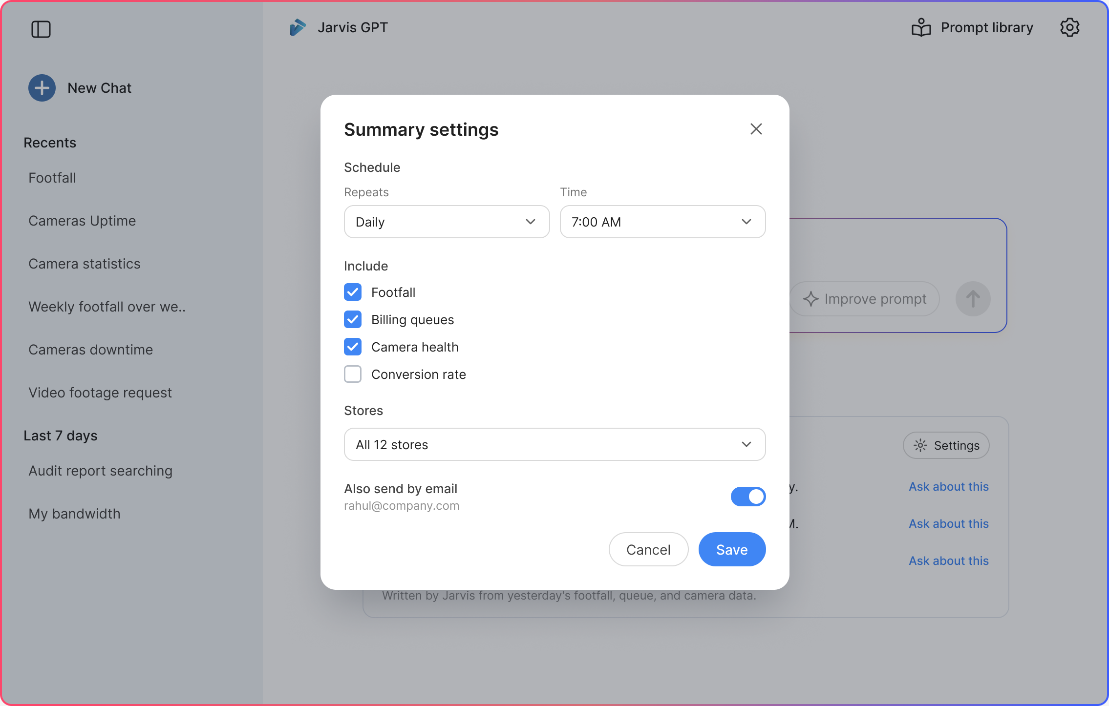 Summary settings with schedule, topics, stores, and an email switch