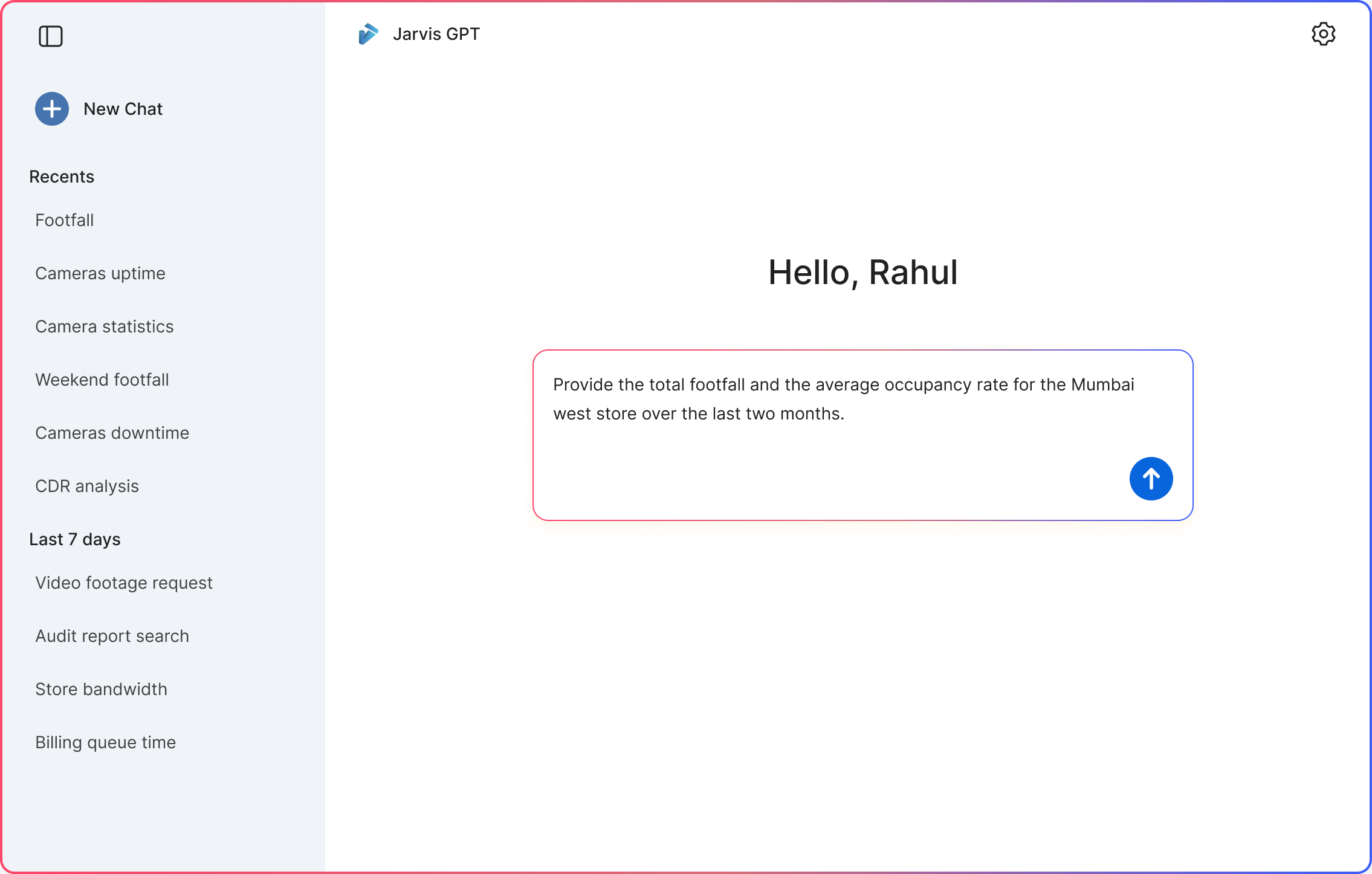 The assistant: a greeting and one box with a question typed in plain words