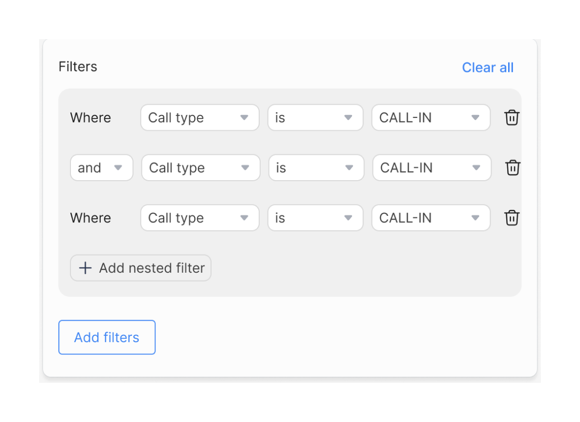 The filter builder with three rules for call type