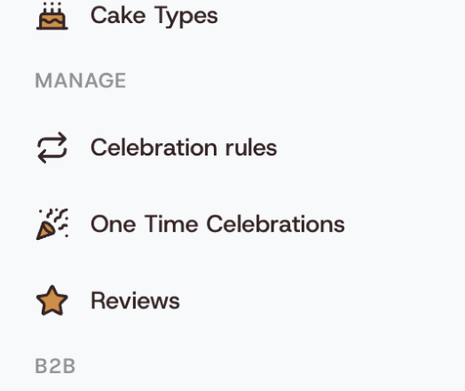 The old side menu with a separate One Time Celebrations page