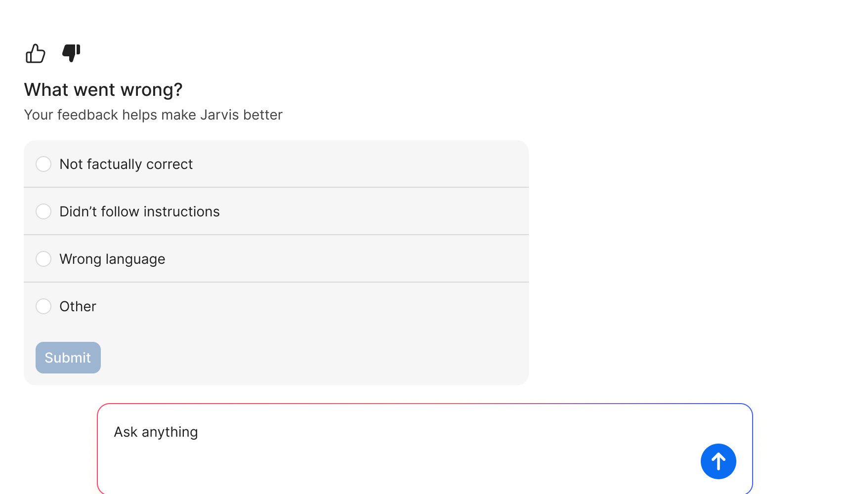 After a thumbs down, a list of reasons to pick from