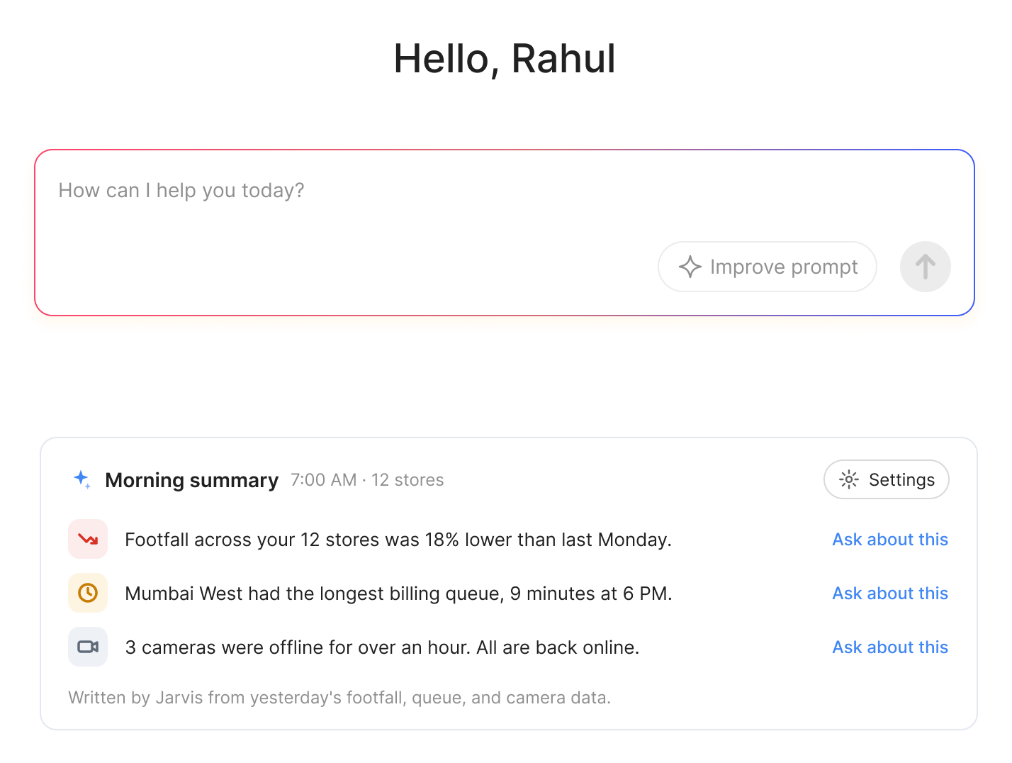 The assistant home: a greeting, the question box, and the morning summary
